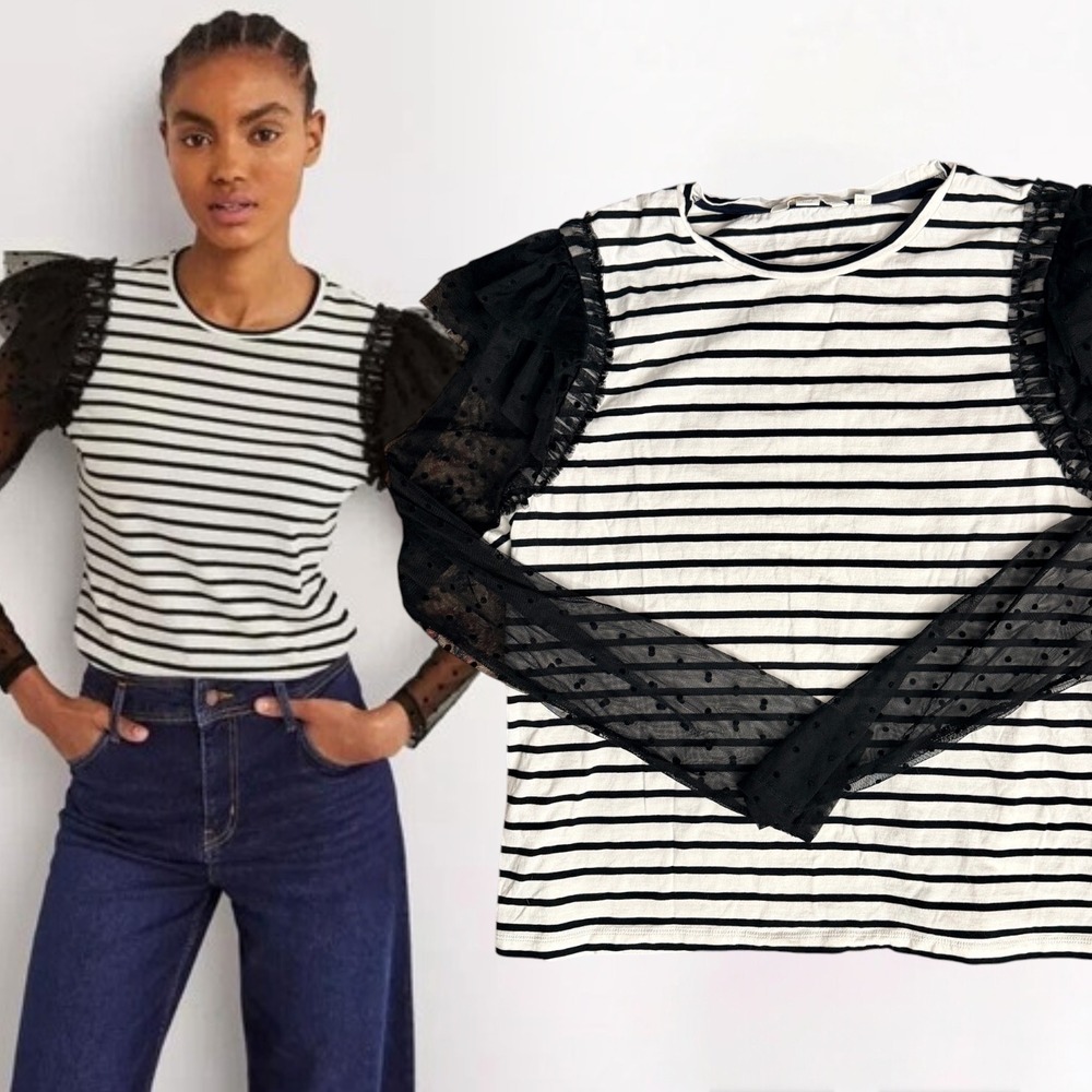 Boden Top Sheer Polka Dot Sleeve Striped Black White US 12